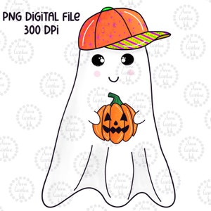 May include: A white ghost wearing an orange and green baseball cap holds a carved orange pumpkin with a jack-o'-lantern face.