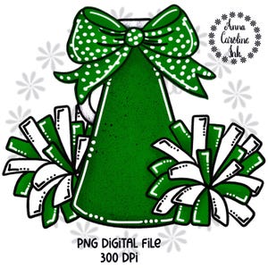 Cheer Pom Poms Megaphone PNG Bow Megaphone Cheerleader Tshirt Design Sublimation DTF Printable Digital Download Green and White Football PNG