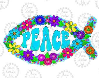 Jesus Fish Digital File for Sublimation|Christian PNG|Hand Drawn Digital Download|Love PNG|Floral PNG|Aqua Fish Clip Art|Hippie Boho Png