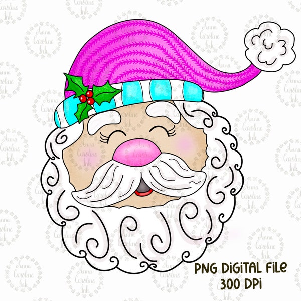 Christmas Santa with Retro Pink Sweater Hat PNG|Whimsical Santa Hand Drawn Digital Download for Sublimation Heat Transfer DTF|Printable Art