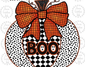 May include: A black and white pumpkin with a black and white checkered pattern and a large orange bow with a black and white checkered pattern. The pumpkin says "BOO" in black letters with white outlines.