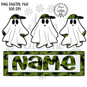 May include: Digital file featuring three cartoon ghosts wearing camouflage baseball caps. The ghosts have black eyes and are draped in white sheets. Below, a green camouflage rectangle spells "NAME" in large, bold letters.