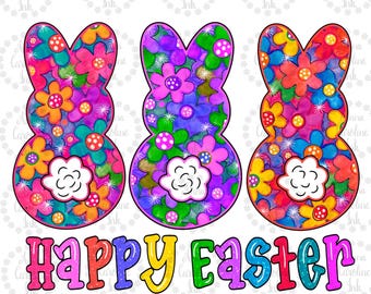 Easter Bunny PNG Happy Easter Digital Download Three Floral Bunnies Animal Print Bow Easter Shirt Sublimation Design Hand Drawn Easter Png