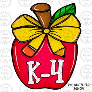 May include: Red apple with a yellow bow and pencils, with white polka dots and the text "K-4" on the front.