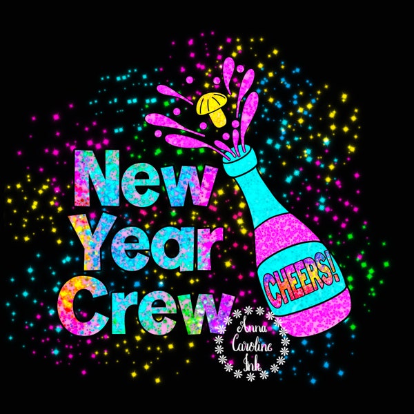 New Years PNG|New Year Crew 2024 Digital Download|Sequin Champagne Bottle and Glasses PNG|Sublimation Design|Hand Drawn Printable Art