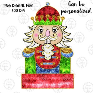 May include: A glittery red, green and gold nutcracker with a white beard and moustache. The nutcracker is wearing a red and gold uniform with a green hat and a gold crown. The nutcracker is standing on a red base.