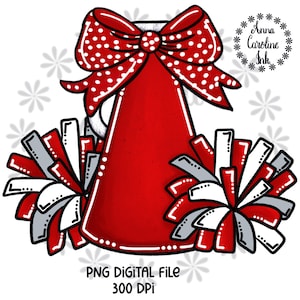 Cheer Pom Poms Megaphone PNG Bow Megaphone Cheerleader Tshirt Design for Sublimation DTF Printable Digital Download Red Gray White Football
