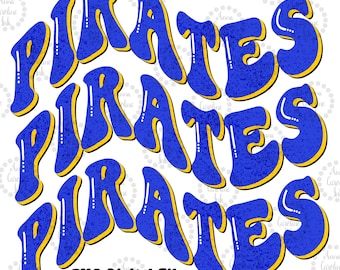 May include: A digital graphic design featuring the word "PIRATES" repeated three times in a blue and yellow colour scheme. The text is stylised with a retro, bubble-like font and a textured, distressed look.
