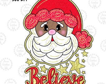 Papá Noel PNG, diseño de camiseta navideña con purpurina de moda, descarga digital para sublimación, Papá Noel afroamericano dibujado a mano PNG