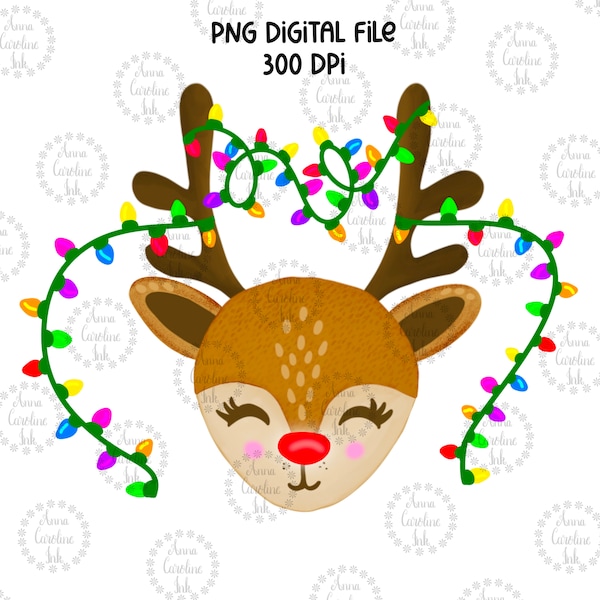 Rudolph the Red Nosed Reindeer PNG|Rudolph Tangled in Christmas Lights PNG For Kids|Digital Download Sublimation|Hand Painted Reindeer PNG