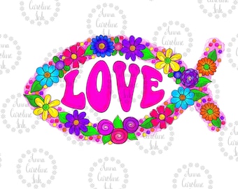 Jesus Fish Digital File for Sublimation|Christian PNG|Hand Drawn Digital Download|Love PNG|Floral PNG|Pink Fish Clip Art|Christian Clip Art