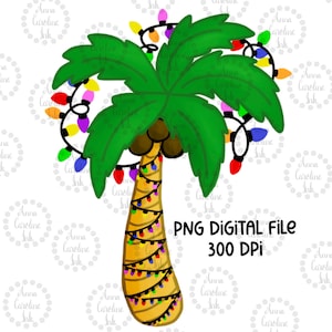Kerstpalmboom bespannen met kerstverlichting PNG | Handgetekende tropische kerstpalmboom Digitale download Sublimatie Warmteoverdracht DTF