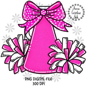 Cheer Pom Poms Megaphone PNG Bow Megaphone Cheerleader Tshirt Design Sublimation DTF Printable Digital Download Pink and White Football PNG