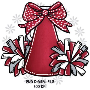 Cheer Pom Poms Megaphone PNG Bow Megaphone Cheerleader Tshirt Design Sublimation DTF Printable Digital Download  Crimson and White Football