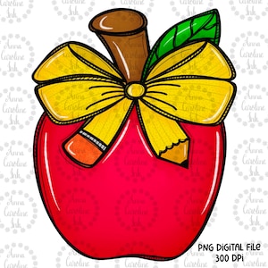 Pode incluir: Uma maçã vermelha com um laço amarelo e dois lápis saindo do topo. A maçã é contornada de preto e tem uma folha verde.