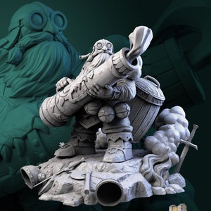 以下が含まれることがあります： ヘルメットとゴーグルをつけた、大きな大砲を持ったドワーフのグレーの3Dプリントミニチュア。ドワーフは、パイプやその他のディテールのある岩の土台の上に立っています。ミニチュアのタイトルは「Tronk Loony Eye」です。