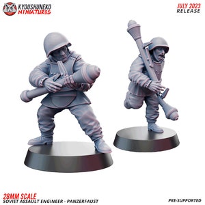 May include: Two gray plastic miniature figures of Soviet soldiers holding Panzerfaust anti-tank weapons. The figures are posed in action, one standing and one running. The figures are 28mm scale and are pre-supported.