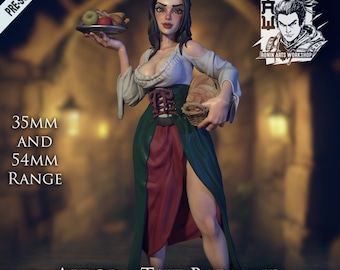 Barmaid Alegra | Multiple Scales | Resin 3D Printed Miniature | Ronin Arts Workshop