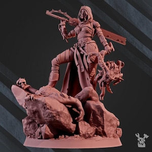 May include: A detailed 3D-printed figurine of a warrior woman in a hooded cloak, holding a chainsaw and a severed dragon head. The figure stands atop a rocky base with a skull and a fallen creature. The color is a reddish-brown.