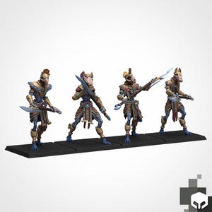 May include: Four miniature fantasy figures of humanoid creatures with animal-like heads, posed on a black base. The figures are painted in shades of blue, brown, and gold, and are holding swords. The figures are in a dynamic pose, as if they are ready for battle.