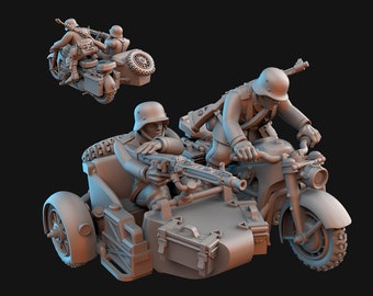 WW2 German Motorcycle Infantry with Side Car | Resin 3D Printed Miniature | Kyoushuneko