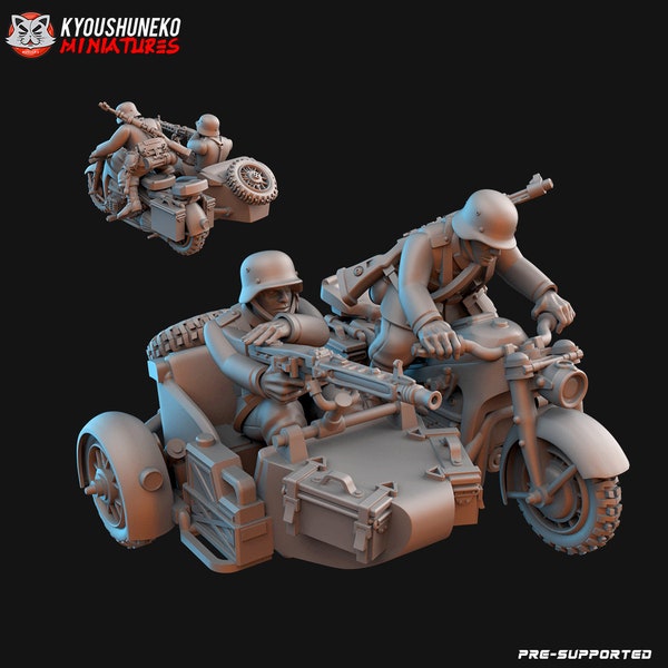 Infantería de motocicletas alemana de la Segunda Guerra Mundial con coche lateral / Miniatura impresa en resina 3D / Kyoushuneko