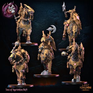 May include: A collection of miniature figurines depicting armored knights riding horses. The knights and horses are primarily gold and tan with black and pink accents. Each figure is mounted on a small, round base. The text "Sons of Depravation Vol II" and "LOST KINGDOM - miniatures" is visible.