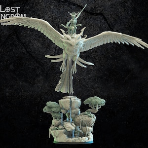 May include: A white painted miniature figurine of a winged creature with a human riding on its back. The creature has a long, pointed beak and large, round eyes. The human is holding a spear and is wearing a helmet and armor. The miniature is set on a base with a rocky terrain and small trees.