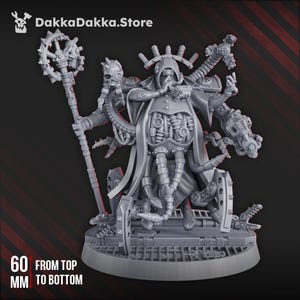 May include: A gray miniature figure of a character with mechanical arms, a staff, and a hooded robe. The figure is on a circular base and measures 60 mm from top to bottom. The DakkaDakka.Store logo is in the upper left corner.