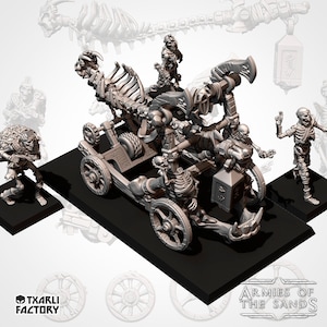 May include: A skeletal siege weapon with a bone-constructed frame and wheels, manned by skeletal figures. The weapon is mounted on a black base with the text "Armies of the Sands" printed on it.