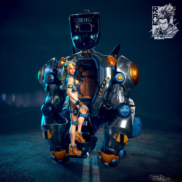 Cyberpunk Girl with Mech | Silverback and Jane | 32mm, 54mm, 75mm Scale | Resin 3D Printed Miniature | Ronin Arts Workshop