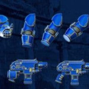 May include: A collection of blue and silver futuristic weapons and armor pieces. The image shows several blasters and arm guards, all with a metallic finish and intricate detailing. The items are arranged against a dark background, highlighting their design.