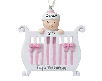 Baby Girl In Crib Personalized Christmas Tree Ornament, Baby's first Christmas - Pink