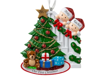 Personalized Family of 2 Christmas Ornament: Peeking Design