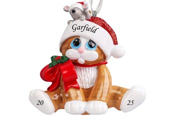 Personalized Cat Christmas Ornament: Brown Kitten with Mouse, Santa Hat