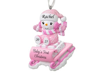 Personalized Pink Snowbaby on Sled: Baby's First Christmas Ornament - Girl