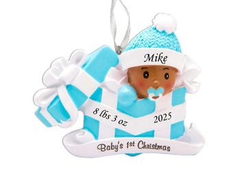 Personalized African American Baby Boy First Christmas Ornament