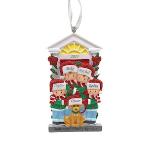 Family of 4 with Dog Personalized Christmas Ornament, Family Of 4 Christmas Ornament , Family With Dog,In Front of House Christmas Ornament