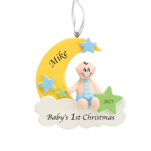 Personalized Baby&#39;s First Christmas Ornament: Cloud & Moon Tree Decoration
