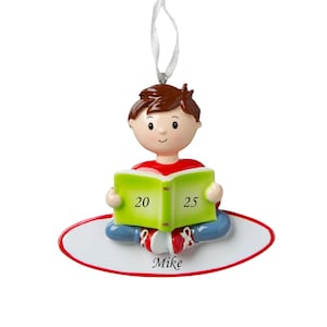 Personalized Boy Reading Christmas Ornament: Custom Name & Year