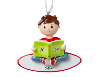 Personalized Boy Reading Christmas Ornament: Custom Name & Year