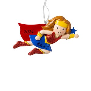 Super Hero Girl Personalized Christmas Tree Ornament, Custom Child Christmas Ornament with Name , Flying Superhero Kids
