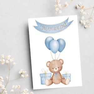Baby Congratulations Boy Bear Card, Bear With Balloons, Boy Baby Shower, Baby Shower Congratulations, Welcome Baby Card - BB1