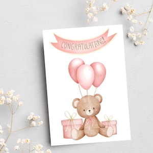 Baby Congratulations Girl Bear Card, Bear With Balloons, Girl Baby Shower, Baby Shower Congratulations, Welcome Baby Card - GB1