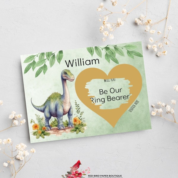 PRINTED Dinosaur Ring Bearer Scratch Off Proposal Card, Personalized Will You Be Our Ring Bearer, Ring Bearer Proposal Card, Wedding Card