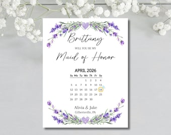 Bridesmaid Proposal Calendar Card, Lavender Flower, Save the Date, Bridesmaid Calendar Card, Card For Bridesmaid Box