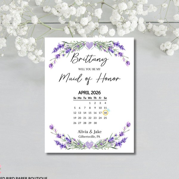 Bridesmaid Proposal Calendar Card, Lavender Flower, Save the Date, Bridesmaid Calendar Card, Card For Bridesmaid Box