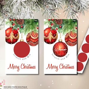 Christmas Ornament Party Game, Fancy Red Ornaments, Set of 30 Scratch Off Cards, Scratch Off Stickers Included, Christmas Scratch Off - FCO