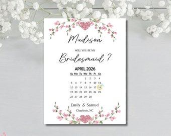 Bridesmaid Proposal Calendar Card, Pink Swag Flower, Save the Date, Bridesmaid Calendar Card, Card For Bridesmaid Box