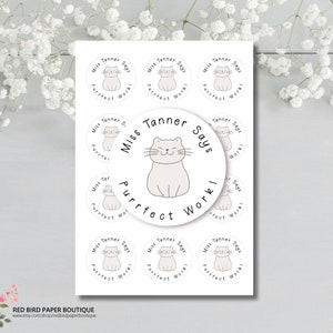 Purrfect Work! Cute Cat, Personalized Elementary School Teacher Sticker, Teacher Reward Sticker, Merit/Well Done - TS1